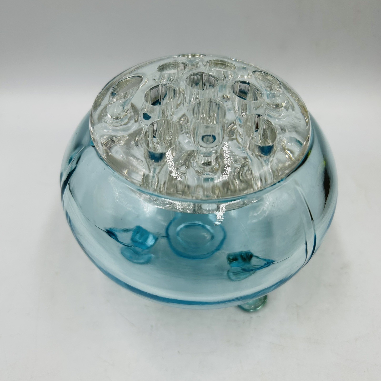 Vtg Viking Light Blue Glass Flowerlite Flower Frog 3 Legged Bowl Vase MCM VHTF
