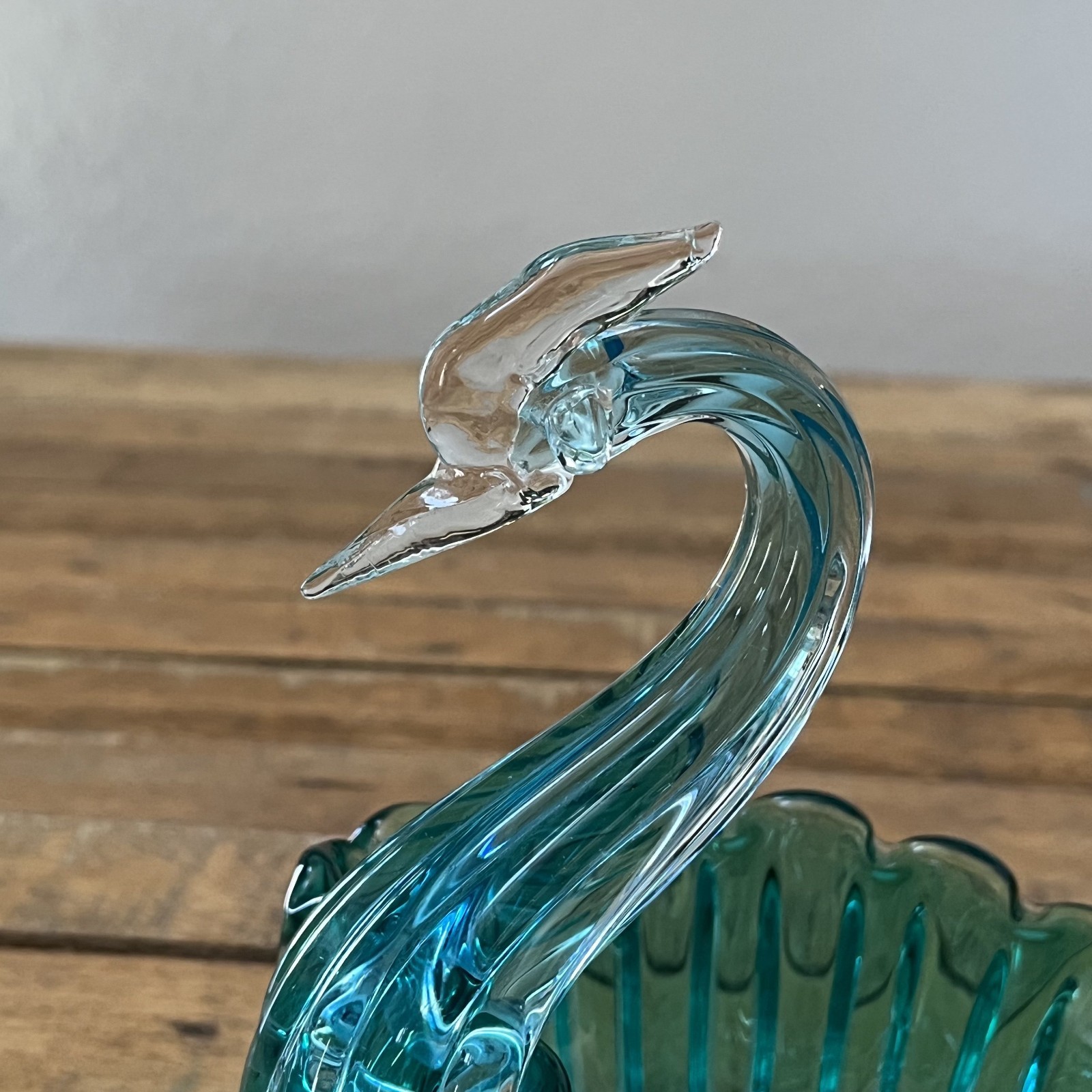 Vintage Teal Blue Swan Glass Art Hand Blown Trinket Dish or Ring Holder 5″