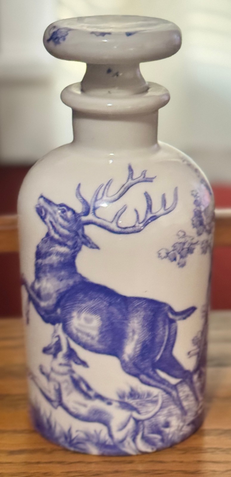 Vintage Porcelaine de Paris France Stag Hunt Blue White Porcelain Bottle Label