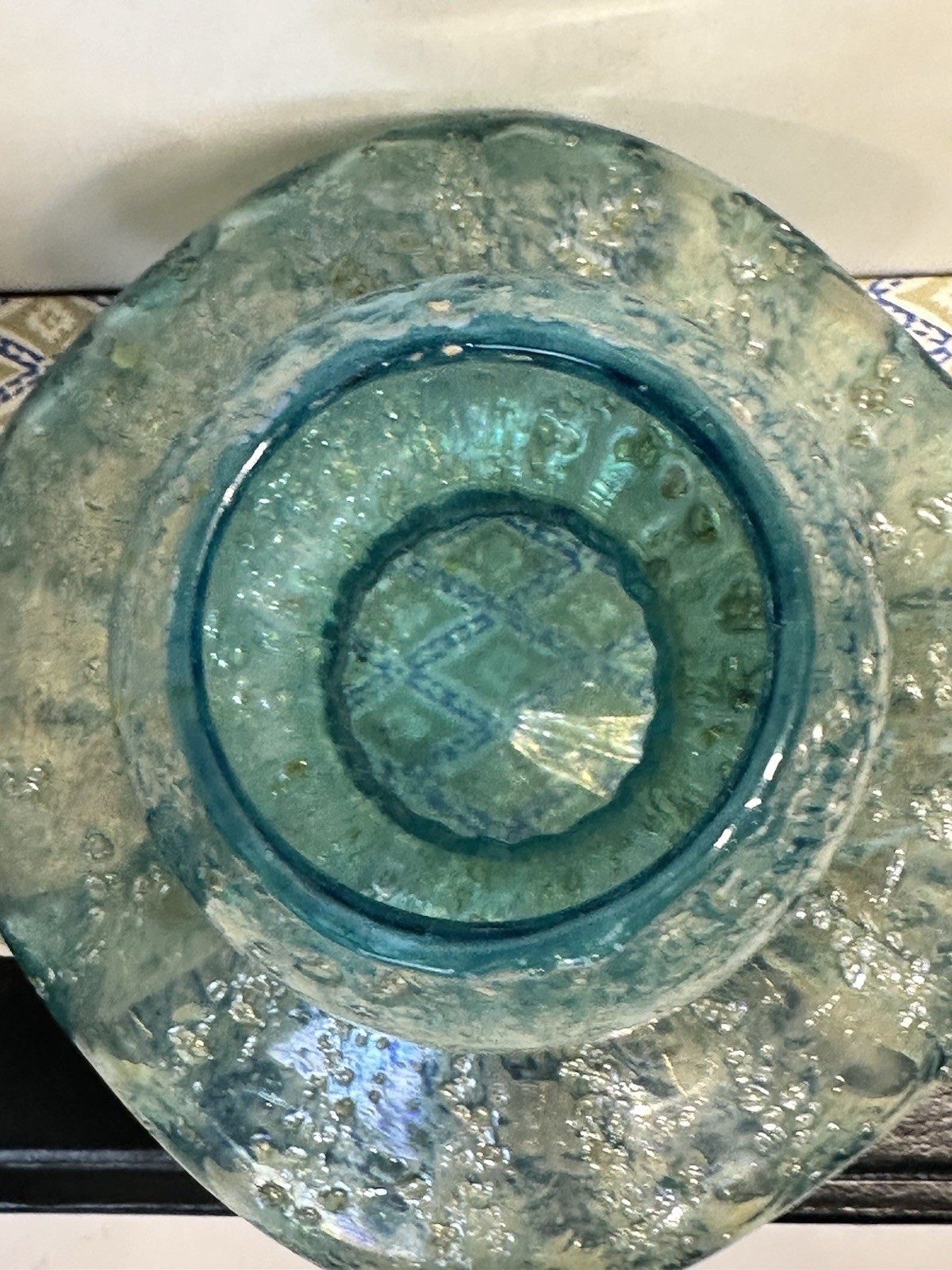 Antique Dugan Glass Iridescent Blue/Green Sq Vase-Round Pinched Early 1900’s 6″