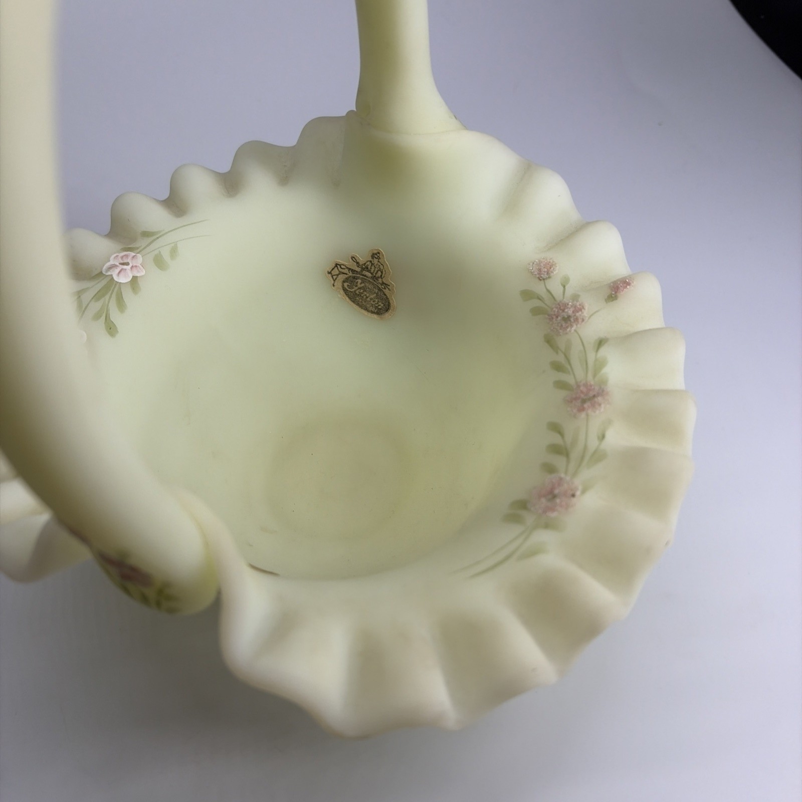 Fenton Vaseline Uranium UV Glow Satin Custard Ruffled Basket 8″ HP Signed USA