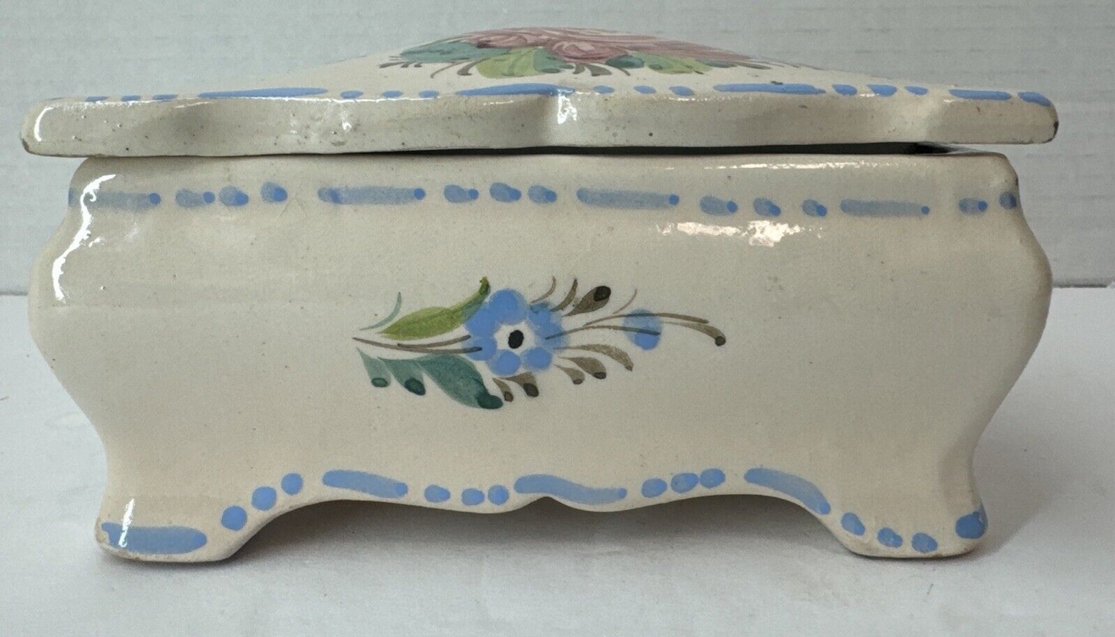 Vintage Made in Italy Pottery Trinket Box with Hand Painted Flowers