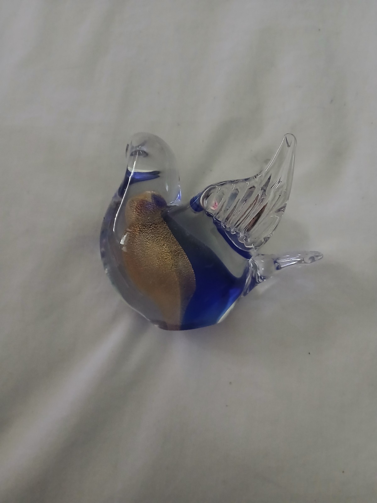 herco art glass aventurine bird figurine 4inches in length blue and gold toned.