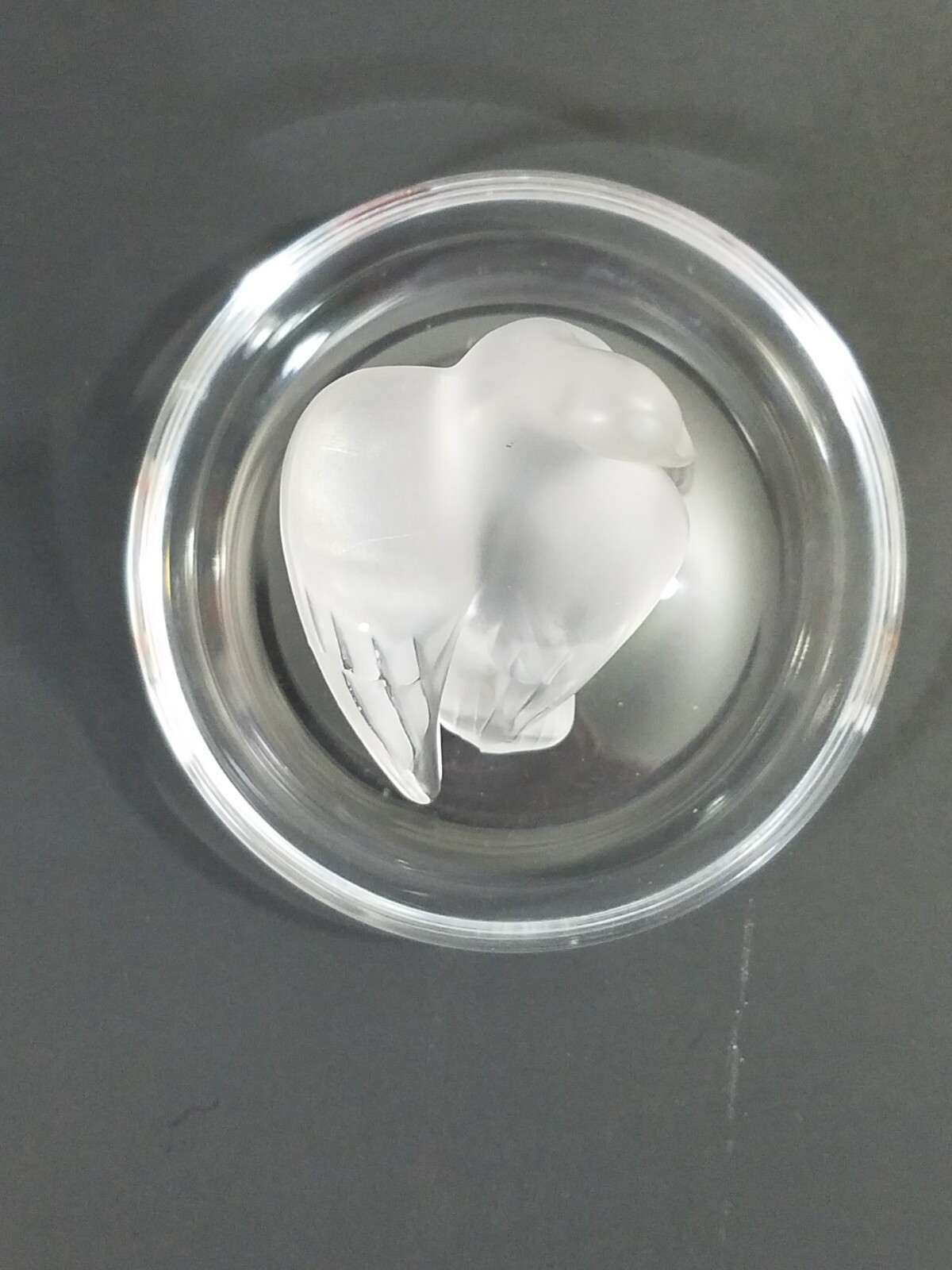 Lalique Crystal Trinket Pin Nut Dish with Love Bird/Dove Figure Motif France