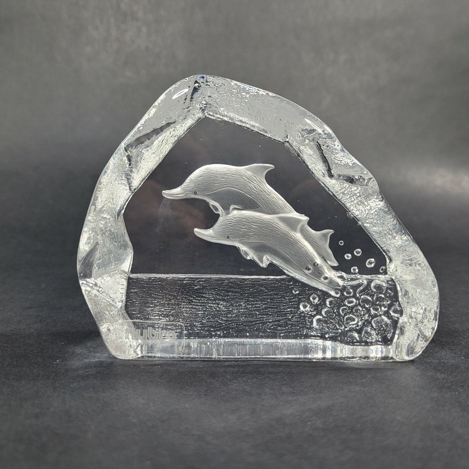 Nybro Crystal Dolphin Figurine Sweden Paul Isling Design Art Glass Block Vintage