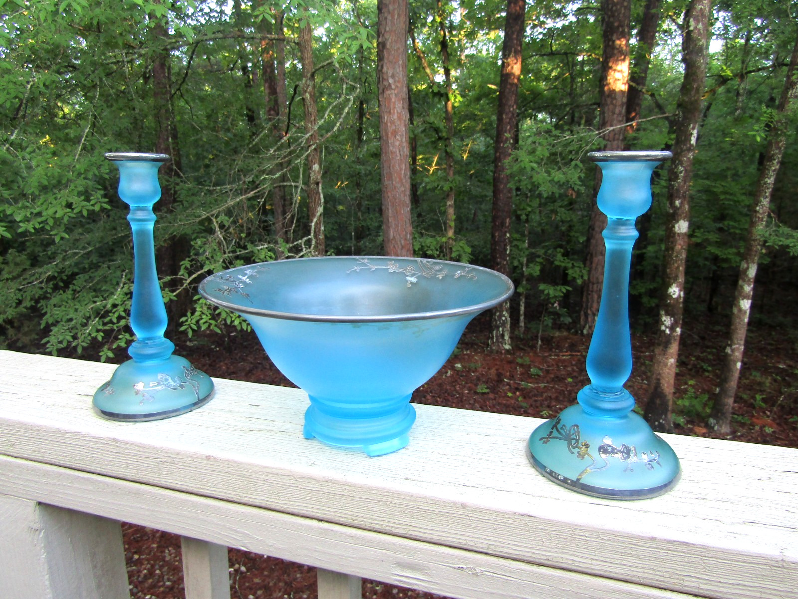 Tiffin Sky Blue Satin Glass CONSOLE BOWL & CANDLESTICK HOLDERS / Silver Overlay