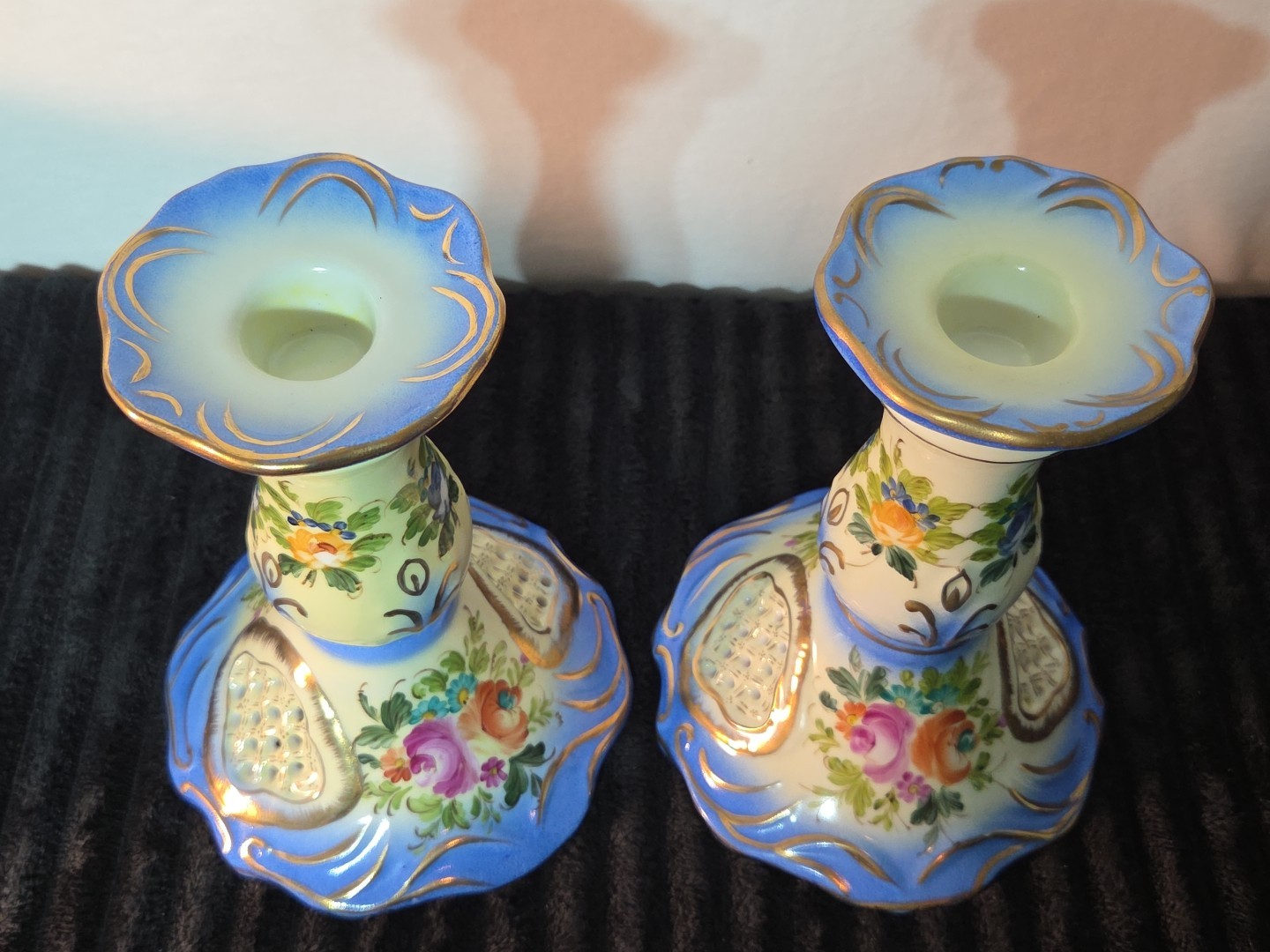 2 Vtg Pair of RK Richard Klemm Hand Painted Dresden Candle Sticks Gold Gilding