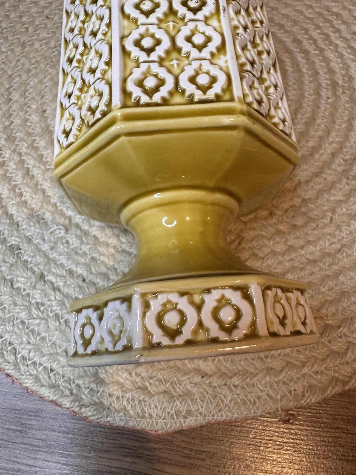 Vintage Relpo 5960 Ceramic Planter MCM Geometric Chartreuse And White 7”