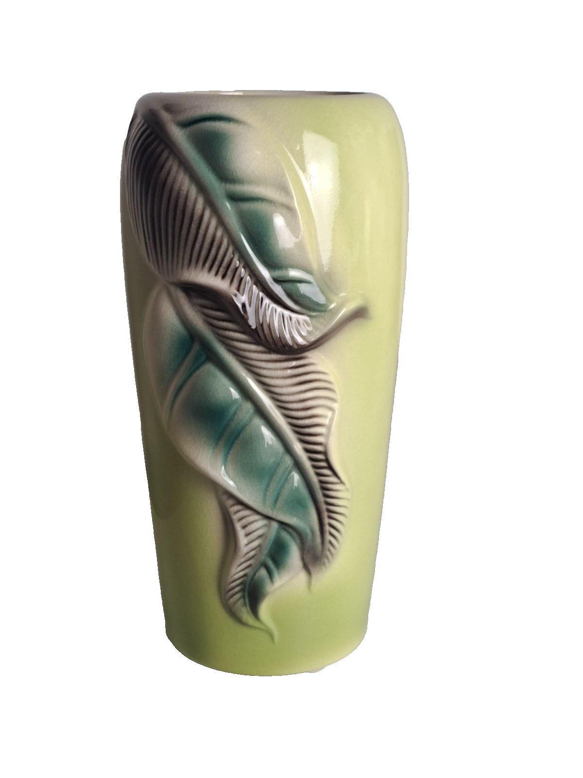 VTG. ROYAL COPLEY CHARTREUSE GREEN LEAF DESIGN 9″ TALL VASE