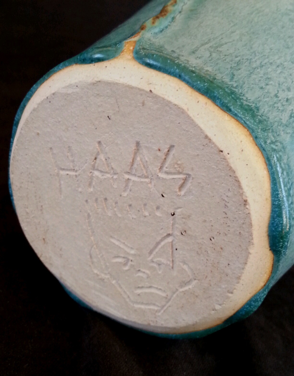 Vintage Haas art pottery turquoise stoneware vase 6.75 inches