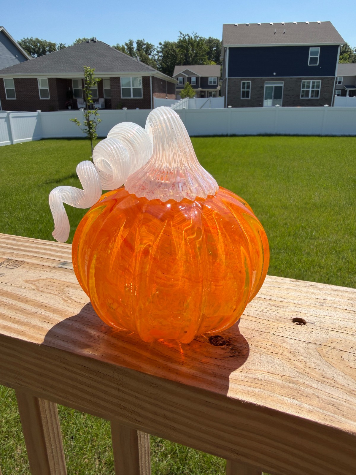 Hand Blown Glass Pumpkin Orange with White Stem Art Glass Fall Halloween Decor