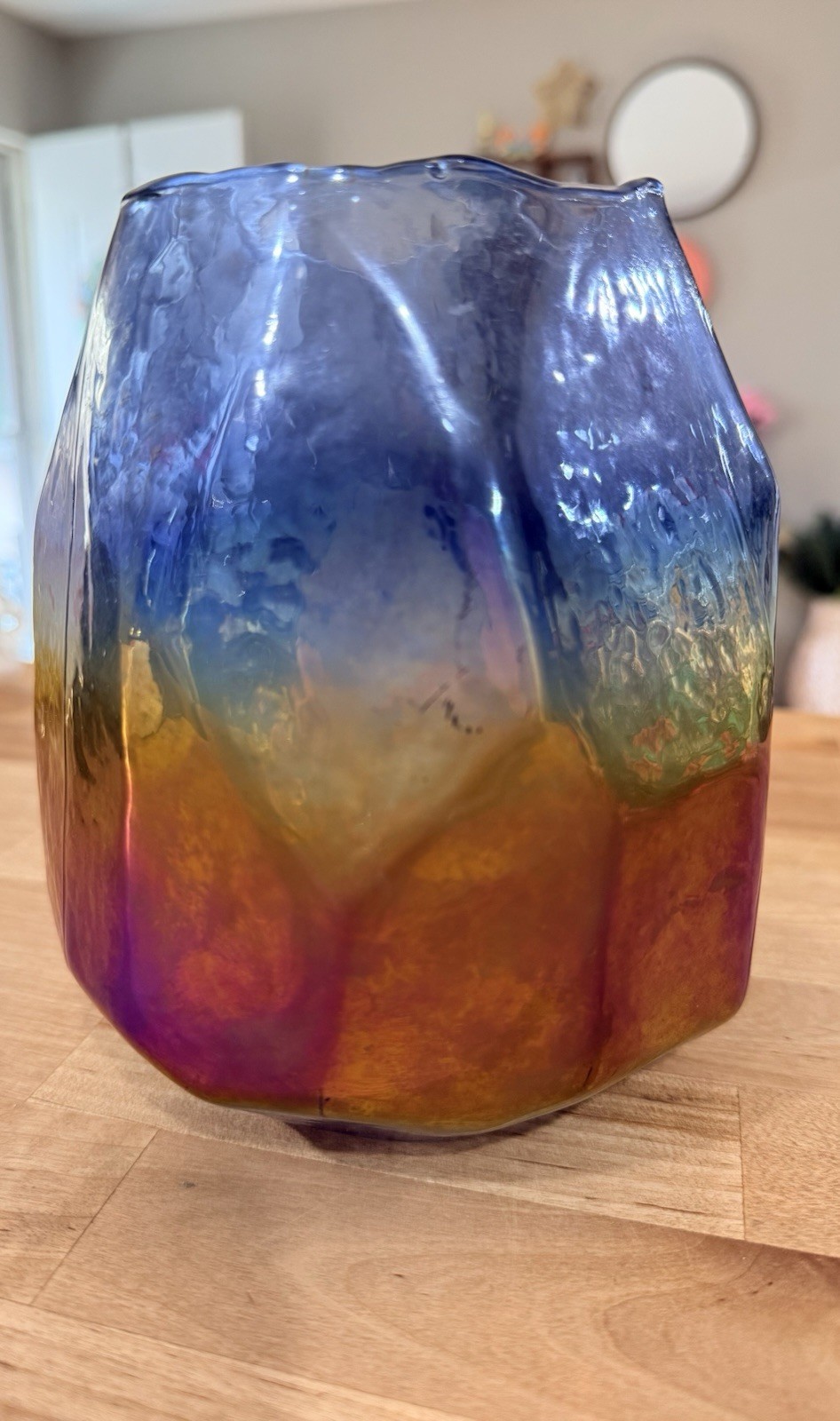 7in Hand Blown Iridescent Abstract Multicolor Art Glass Vase Blue Purple