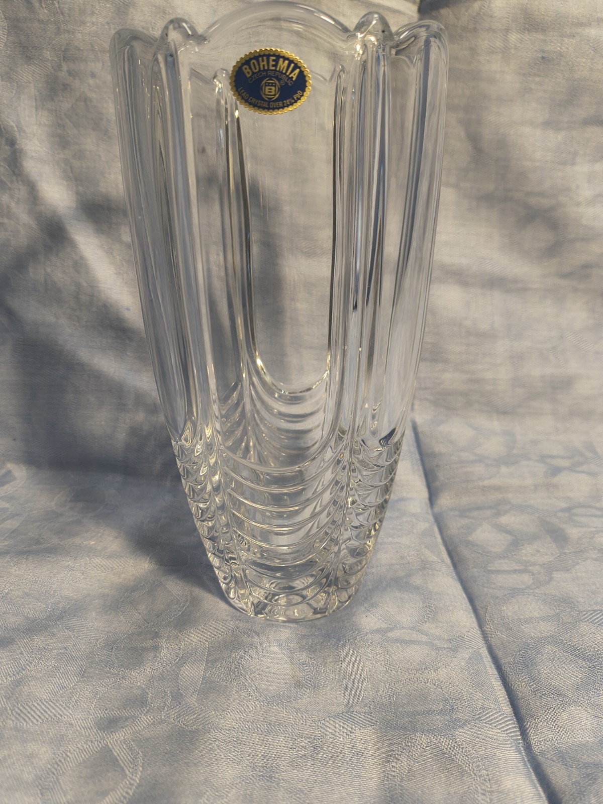 Vintage 24% Lead Bohemian Scalloped Top Ribbed Crystal Clear Vase 8”
