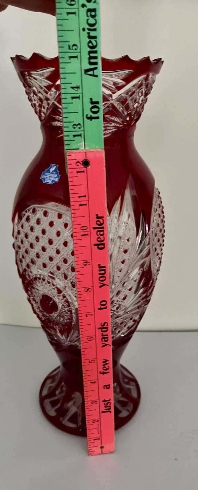 Vintage Gus Khrustalny Russian Ruby Red Cut To Clear Crystal Vase 15 1/4″ Tall