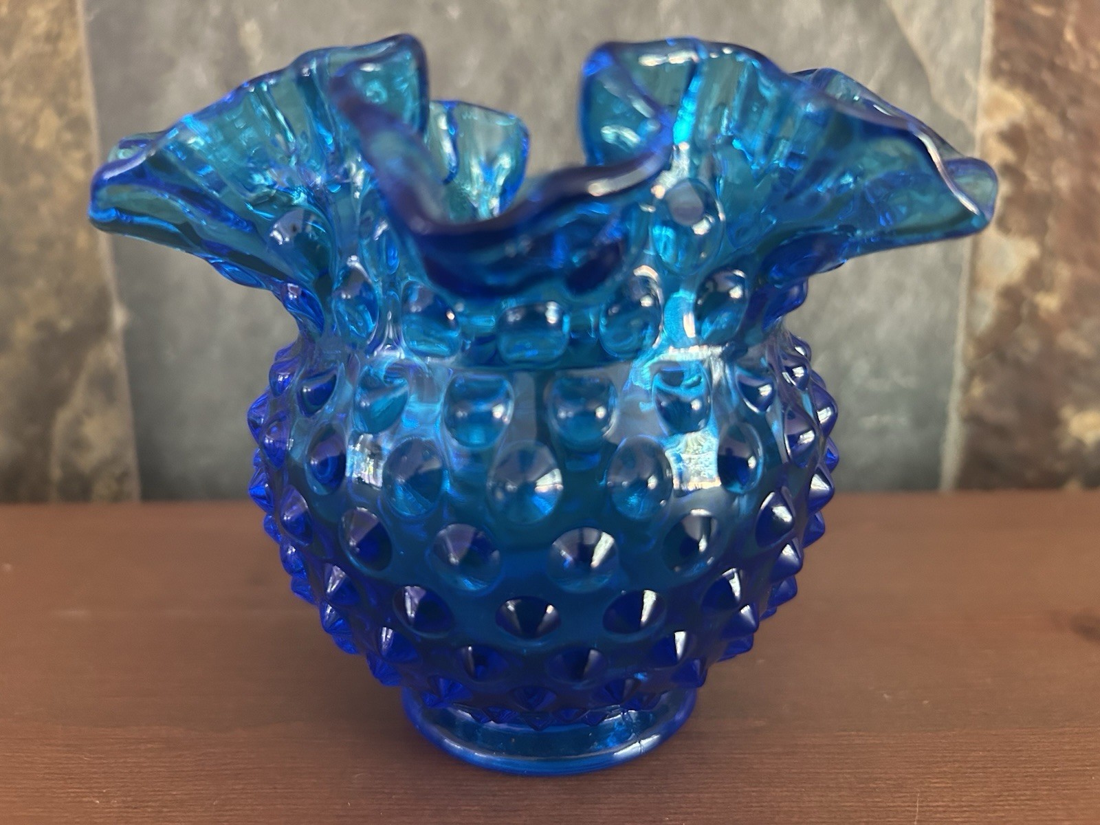 Fenton Colonial Blue Hobnail Glass Vase Double Crimped Rim Vintage 4″