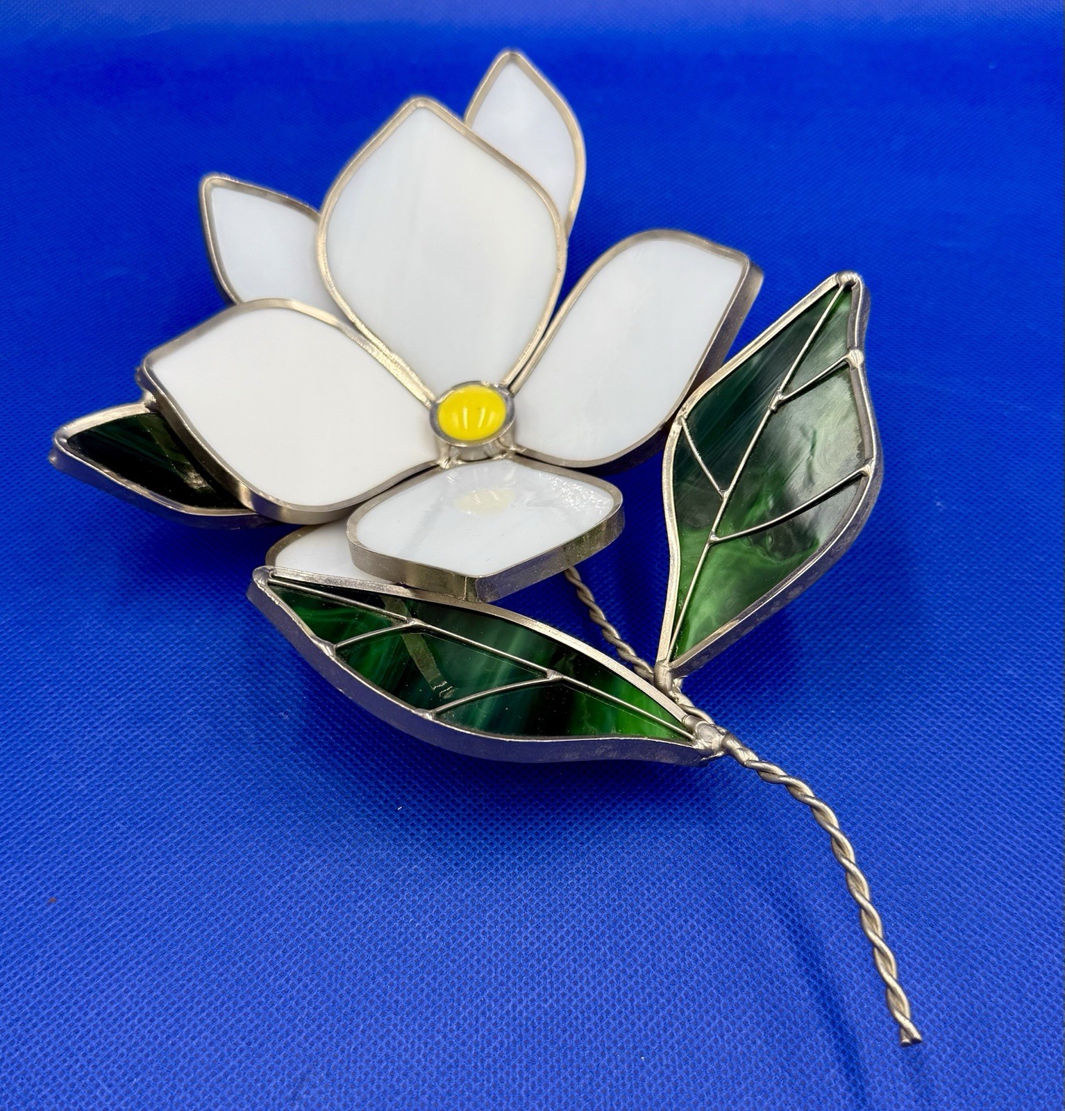 Vintage Stained Glass White & Green Flower Sun Catcher Layered Freestanding 9”