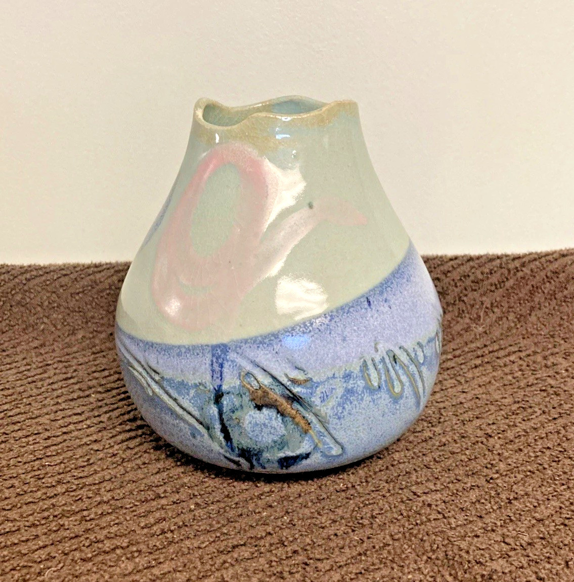 Studio Pottery Vase Glazed Blue & Gray -5 in. D x 5.5 in. H