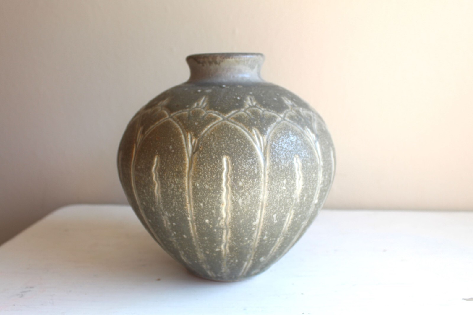 Studio Pottery Olla Incised Khaki Wheel Thrown Pot Egyptiana Motif Nyberg