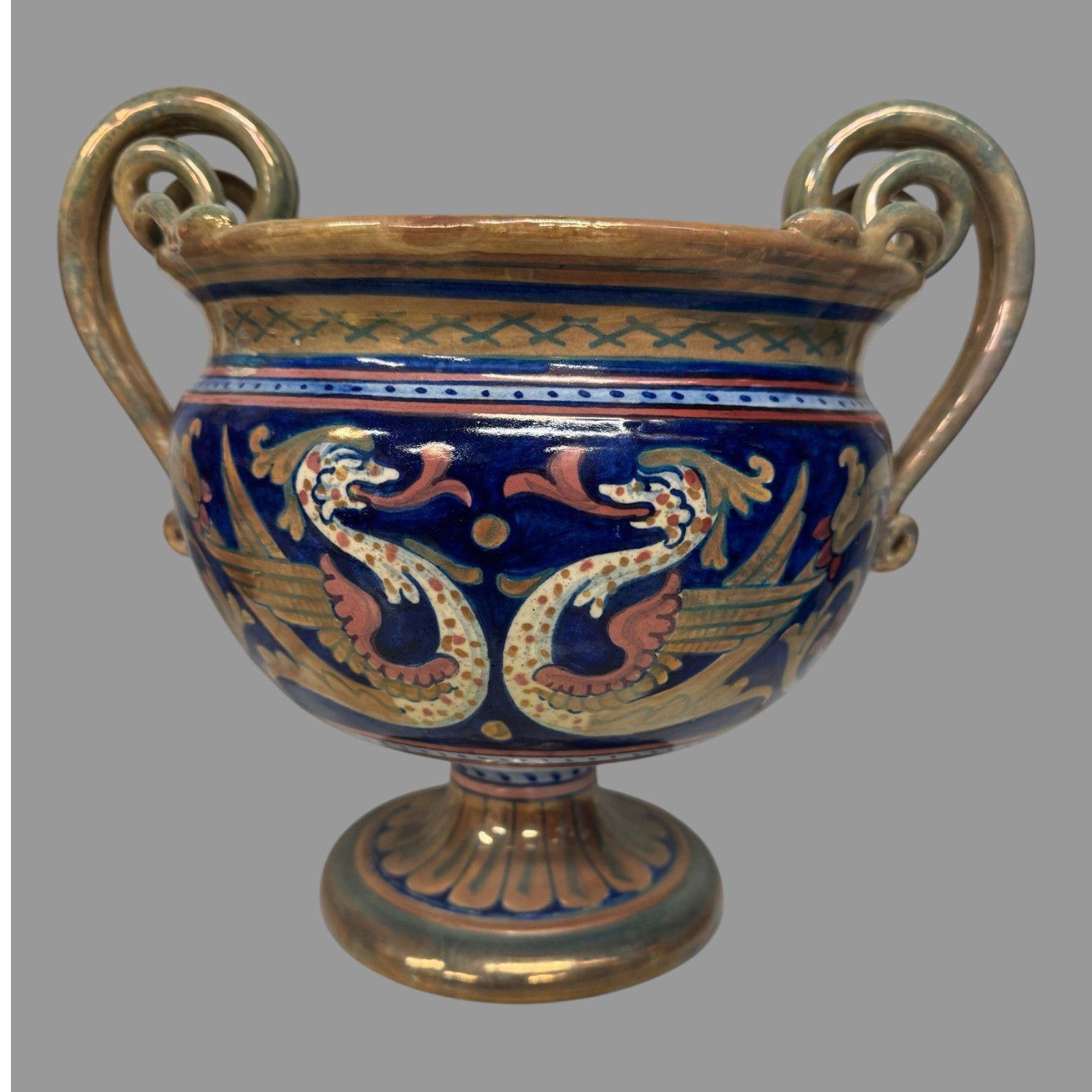 Pair of Antique Italian Dragon Decorated Faience Vases w Figural Snake Handles