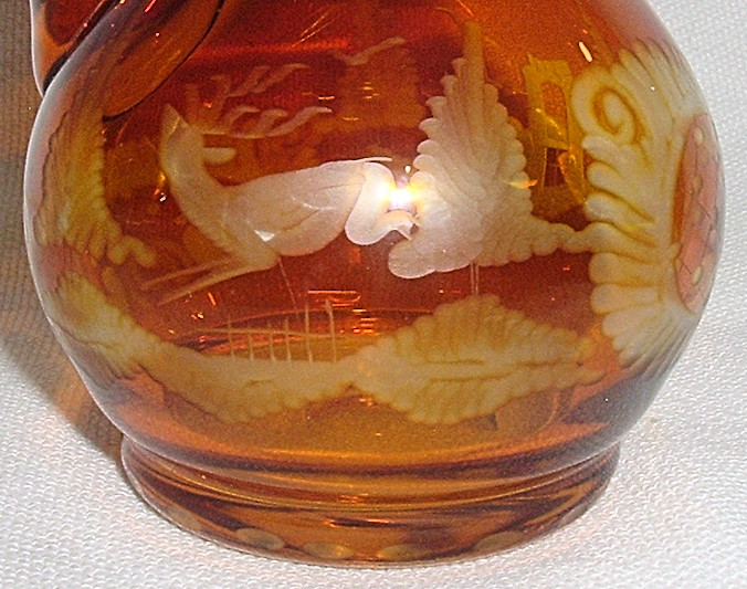 Venetian *Egermann Etched AMBER CLEAR GLASS GOLD GILT CRUET *Deer *Castle *Birds