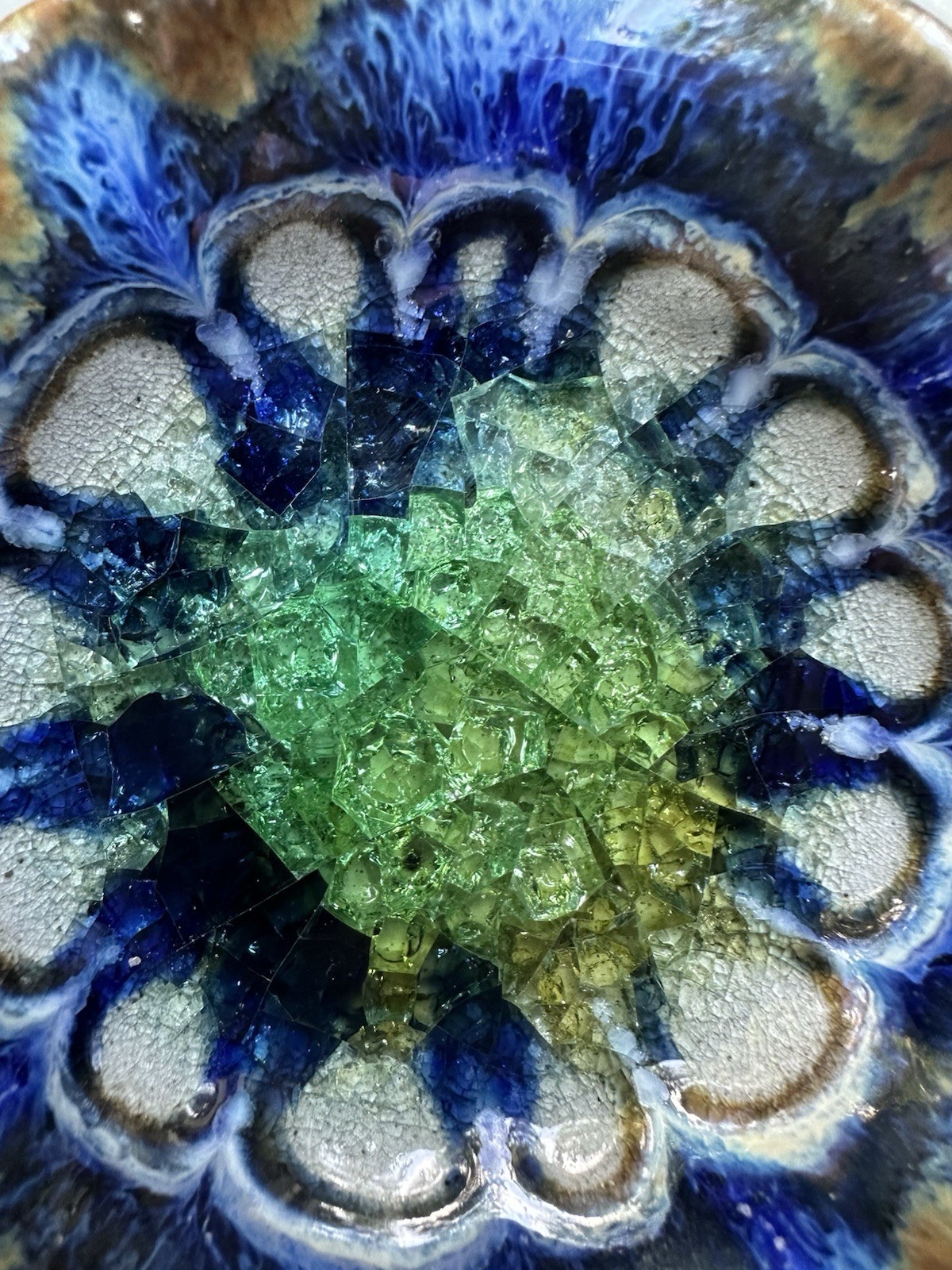 Art Pottery Fused Crackled Glass Ashtray Trinket Tray Tobacco Tray