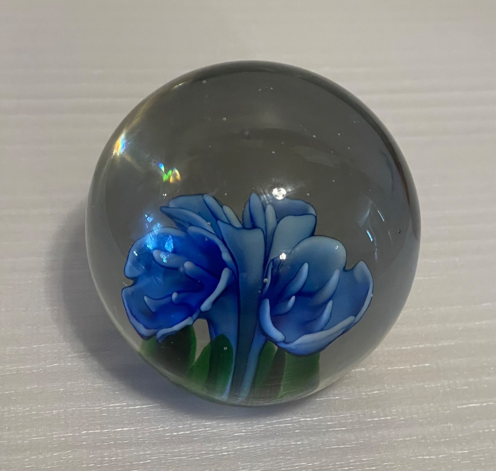 Art Glass Paperweight with Blue Flower Encased in Clear Glass – 3” Vintage