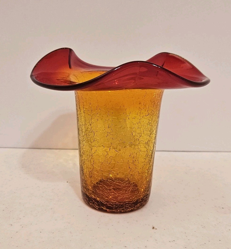 Vintage Amberina Crackle Glass Handblown Vase 5″ 3 Turned Up Points Blenko?