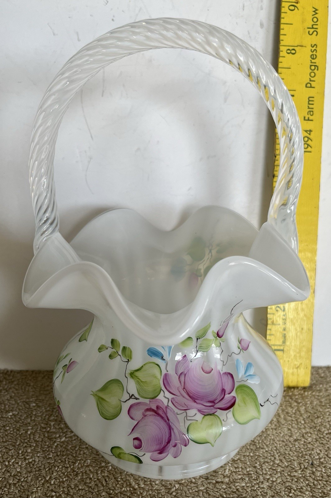 Fenton Glass Basket White Opaline Painted Cottage Roses Stripes Swirls