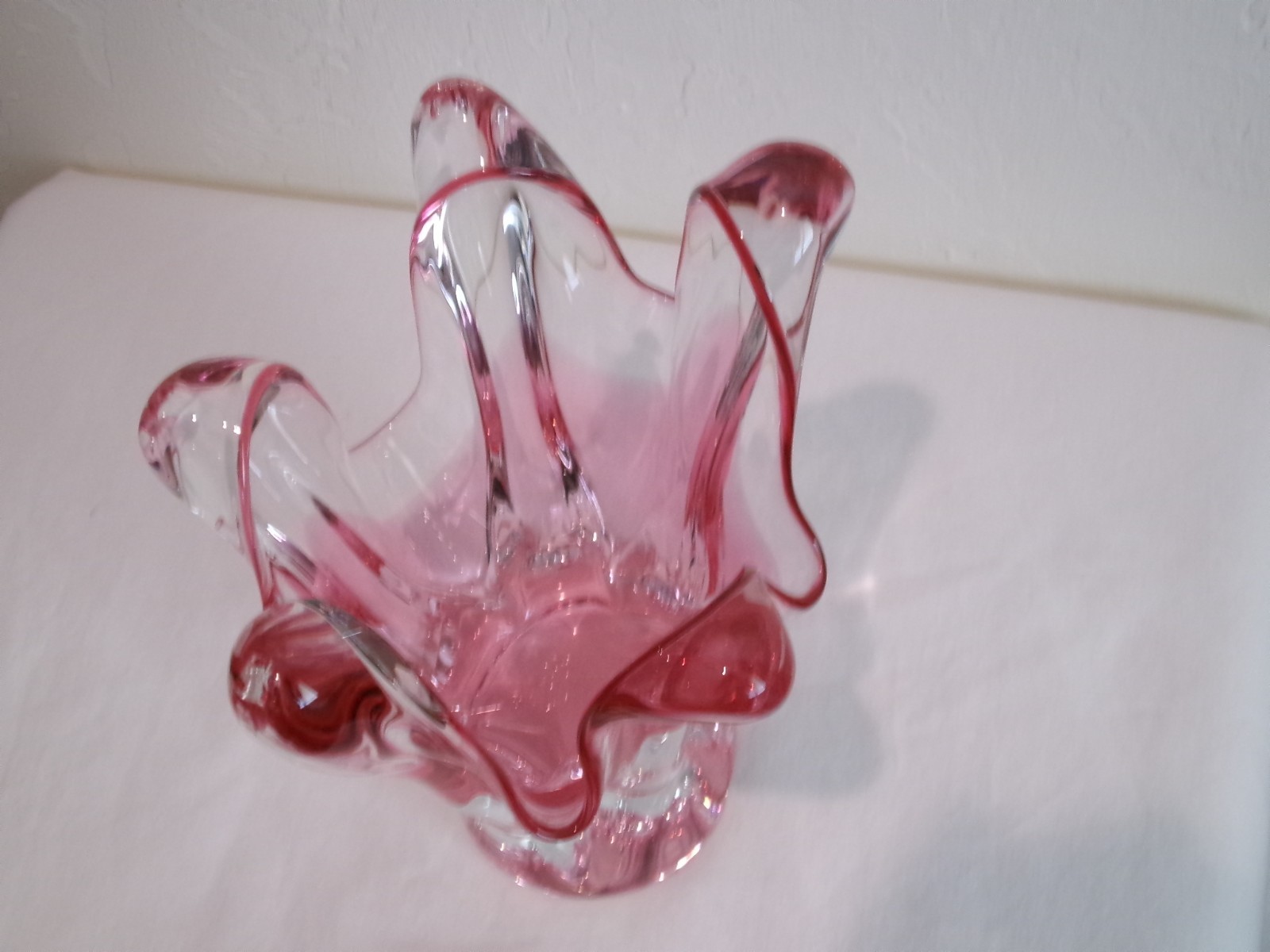 Vintage Murano Art Glass Vase 9″ Sommerso Pink Ruffled Centerpiece Home Decor