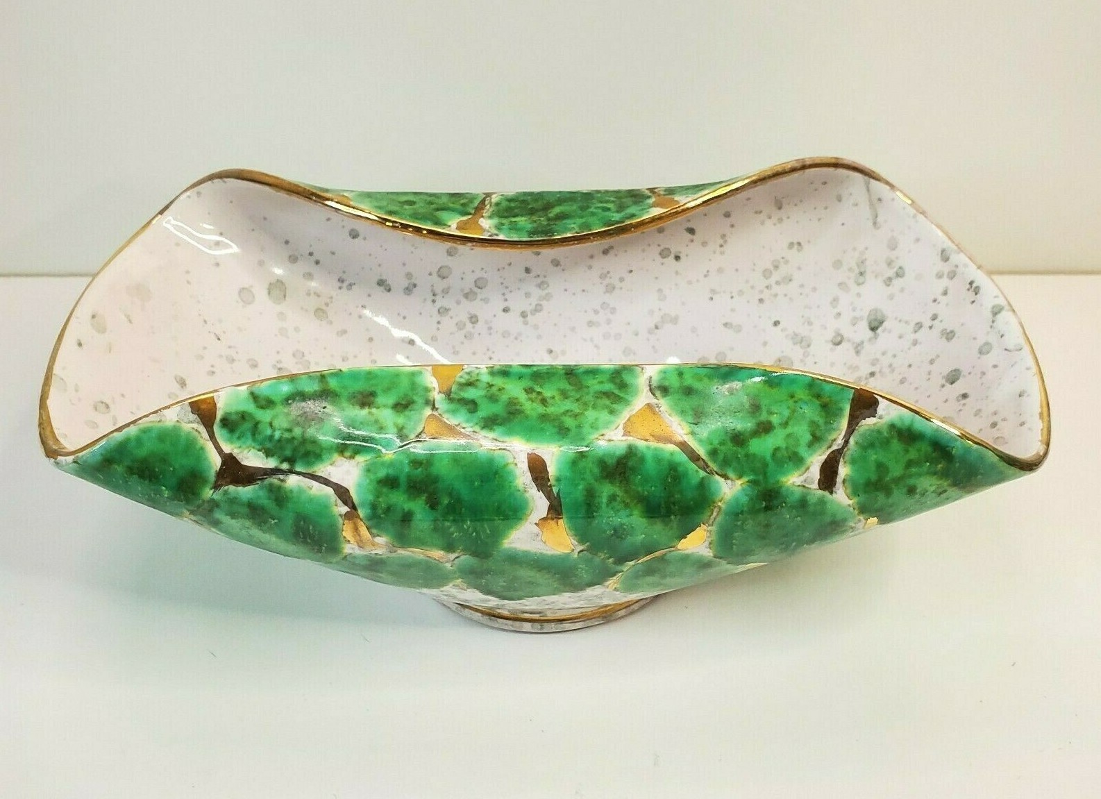 Vintage MCM Green Gold Glazed Folded Bowl Numbered Made In Italy 9.25” Long