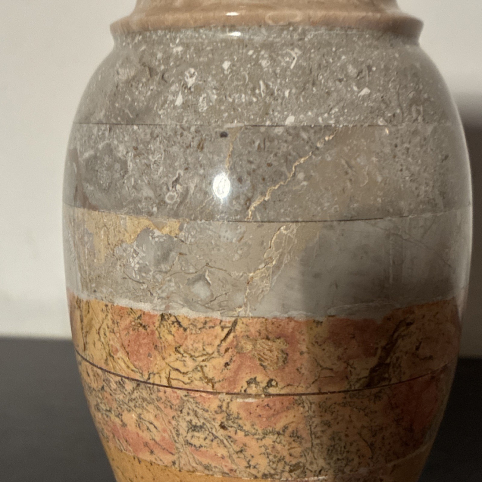Striped Glossy Marble Stone Vase Beige Gray Brown Cream Heavy Vase