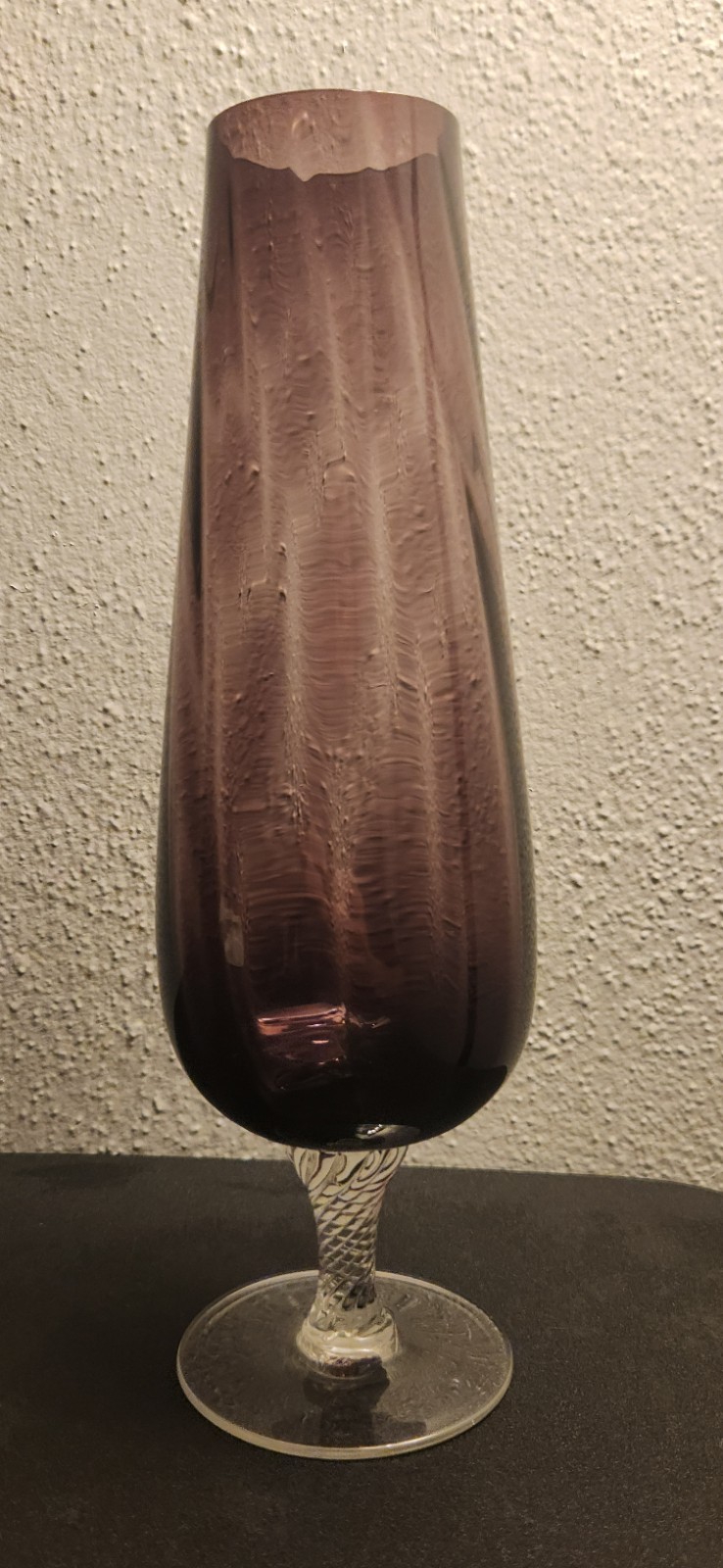 Empoli Italian Amethyst Swirl Optic Blown Glass Vase Scalloped Top Twisted Stem