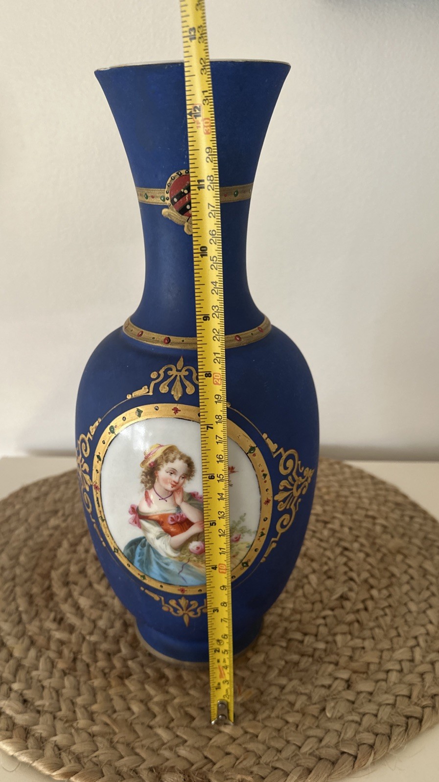 19C Old Paris Painted Neoclassical lady portrait Medallion Blue Gold Vase 13”