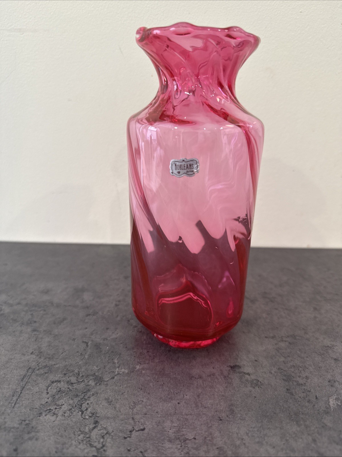 NORLEANS Cranberry Pink Vase, Optic Swirl Art Glass, Ruffled Edge Top, 8″