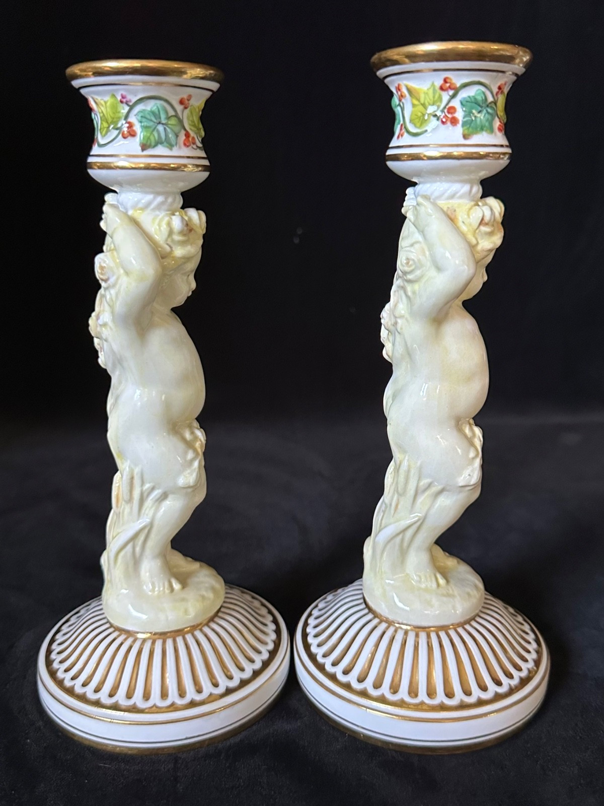 ANTIQUE MINTON PORCELAIN Compote Candlesticks Set Putti Gilt Collamore Co. с1895