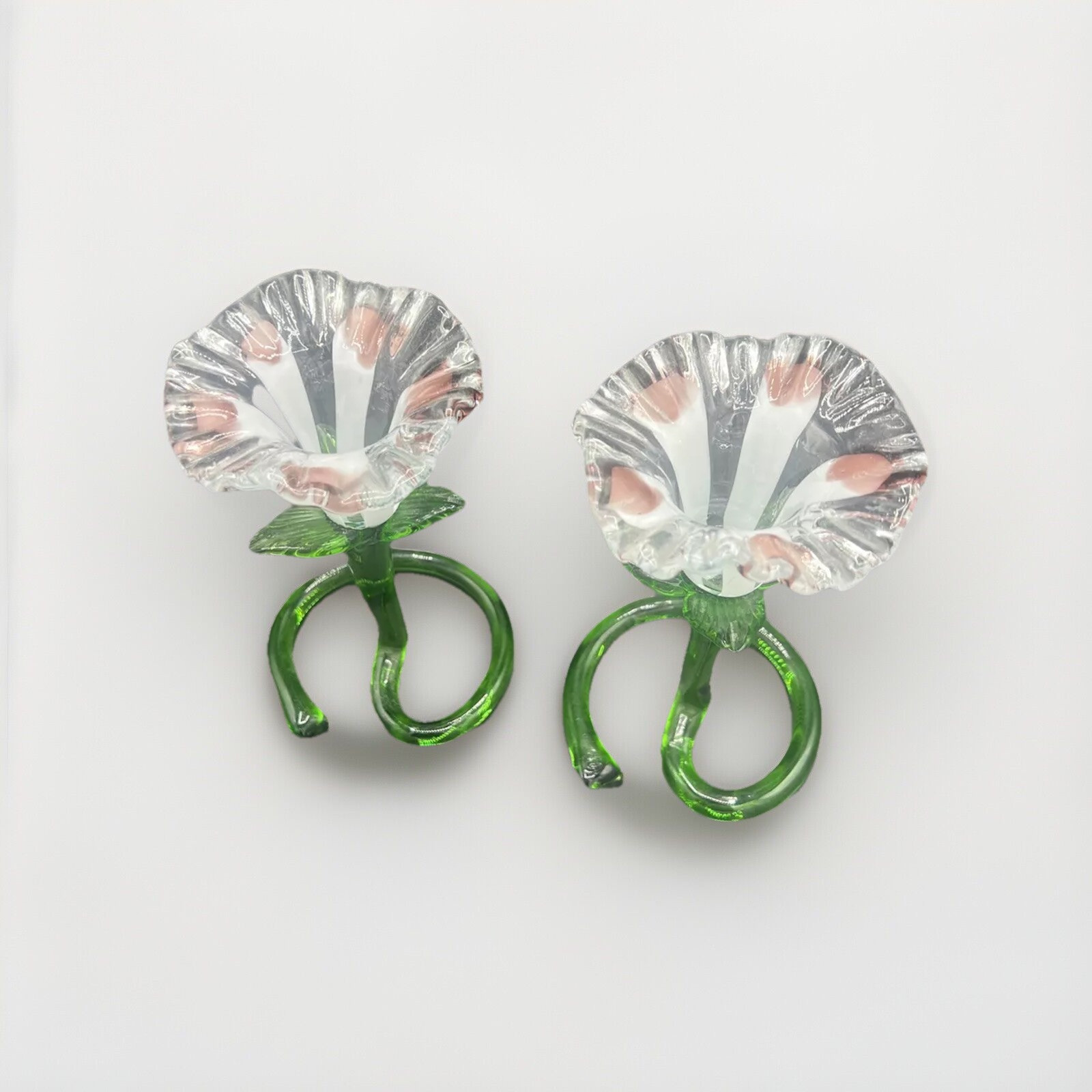2 Hand Blown Glass Lillies. Green Stems. Clear, White And Pink Flowers.