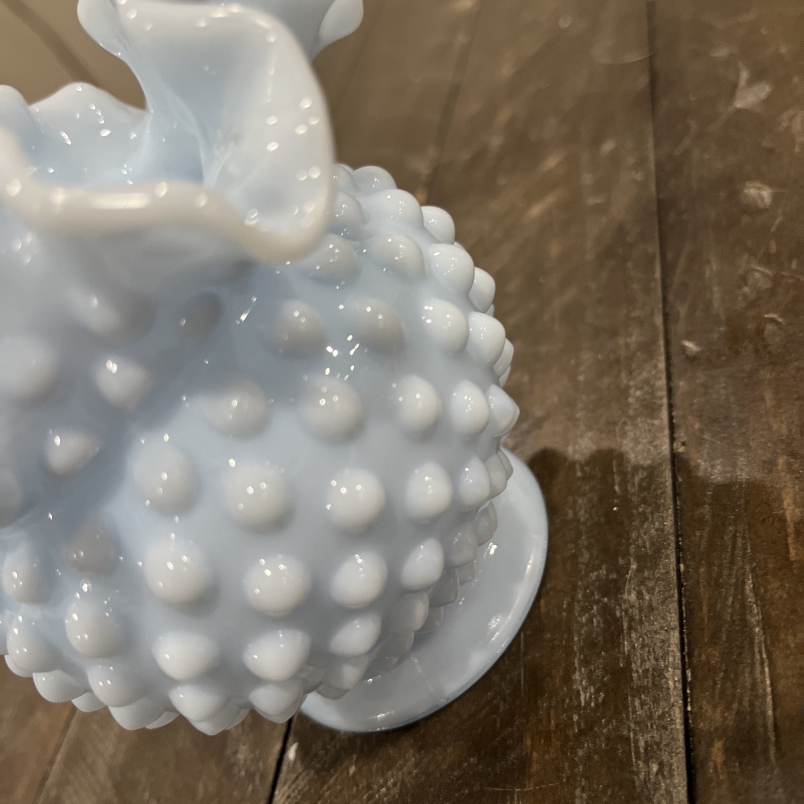 Vtg Fenton Delphite Blue Milk Glass Hobnail Double Ruffle Vase 4 1/4″