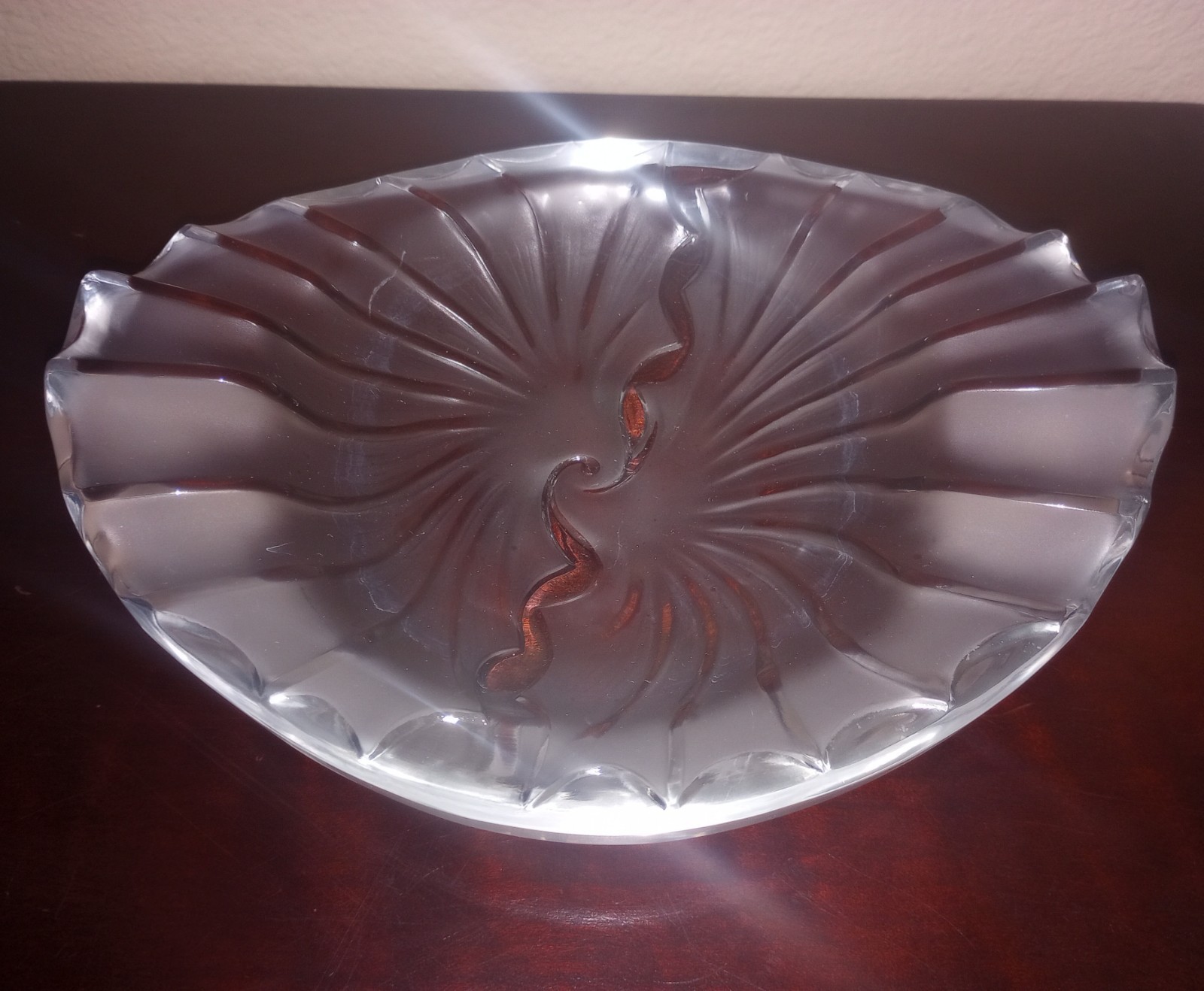 Vtg LALIQUE Nancy Cendrier Cigar Ashtray Signed Crystal Bowl Frosted Wavy Heavy