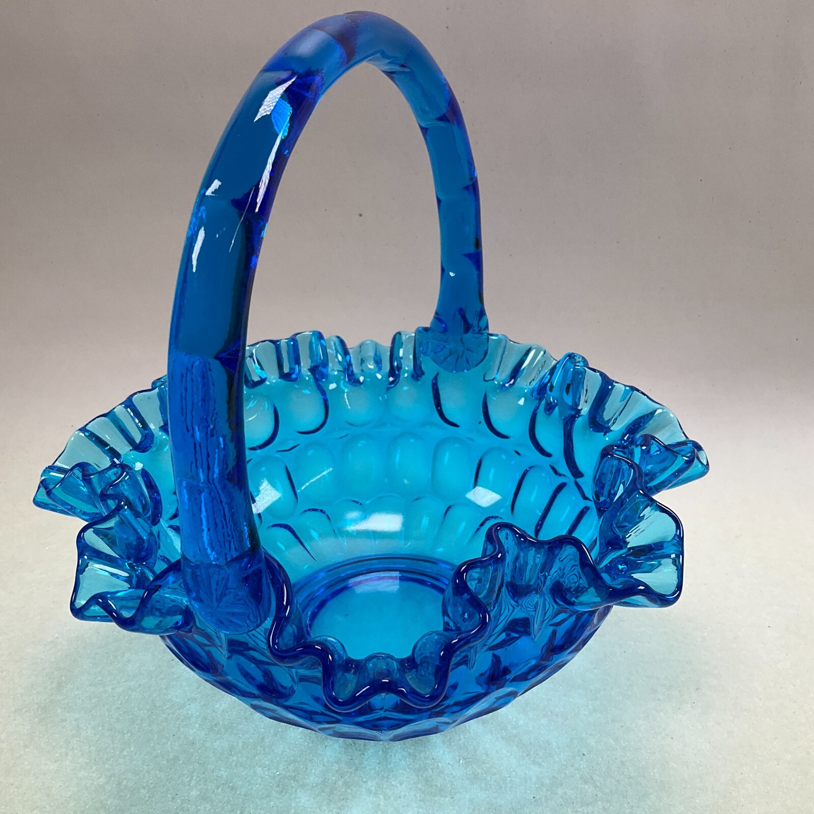 Fenton Colonial Blue Thumbprint Basket Ruffled Rim 8 1/2″ Vintage