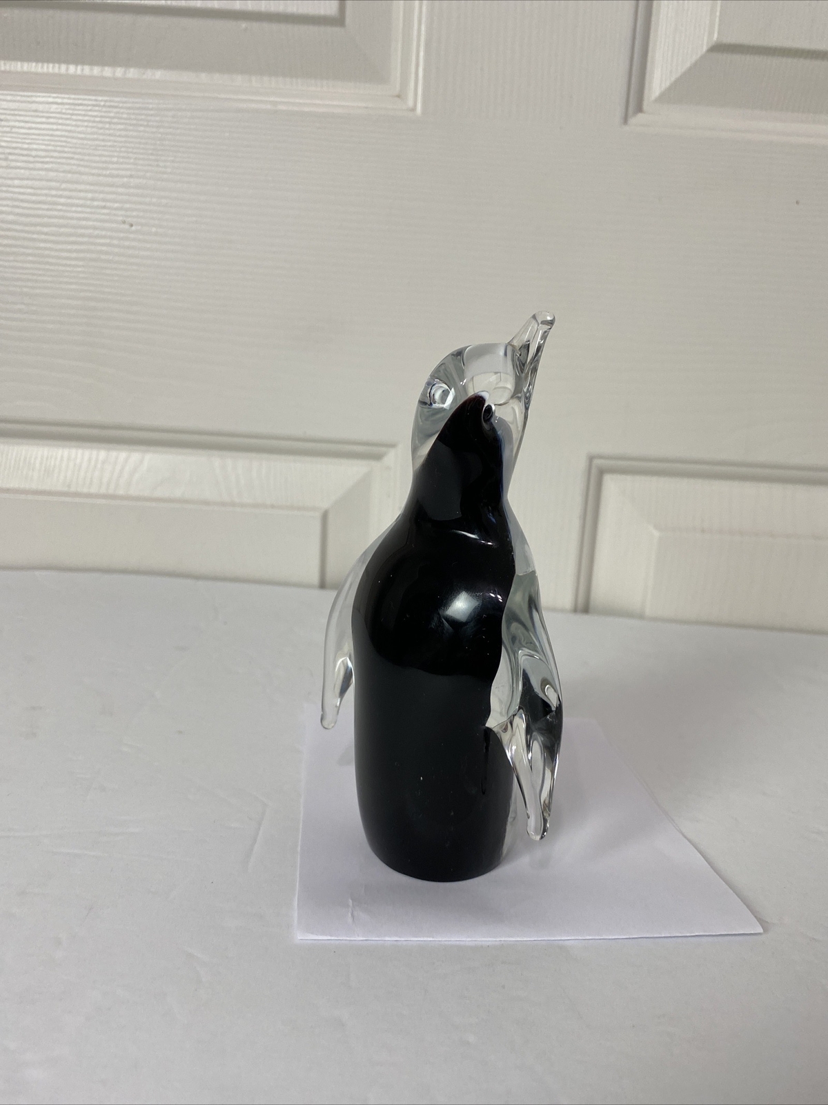 Hand Blown Art Glass Clear Black White Penguin Figurine 6” Tall Paperweight