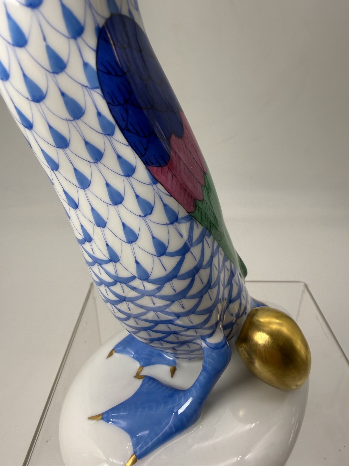 Exquisite Herend Porcelain Goose with Golden Egg In Fishnet Blue Hand Made