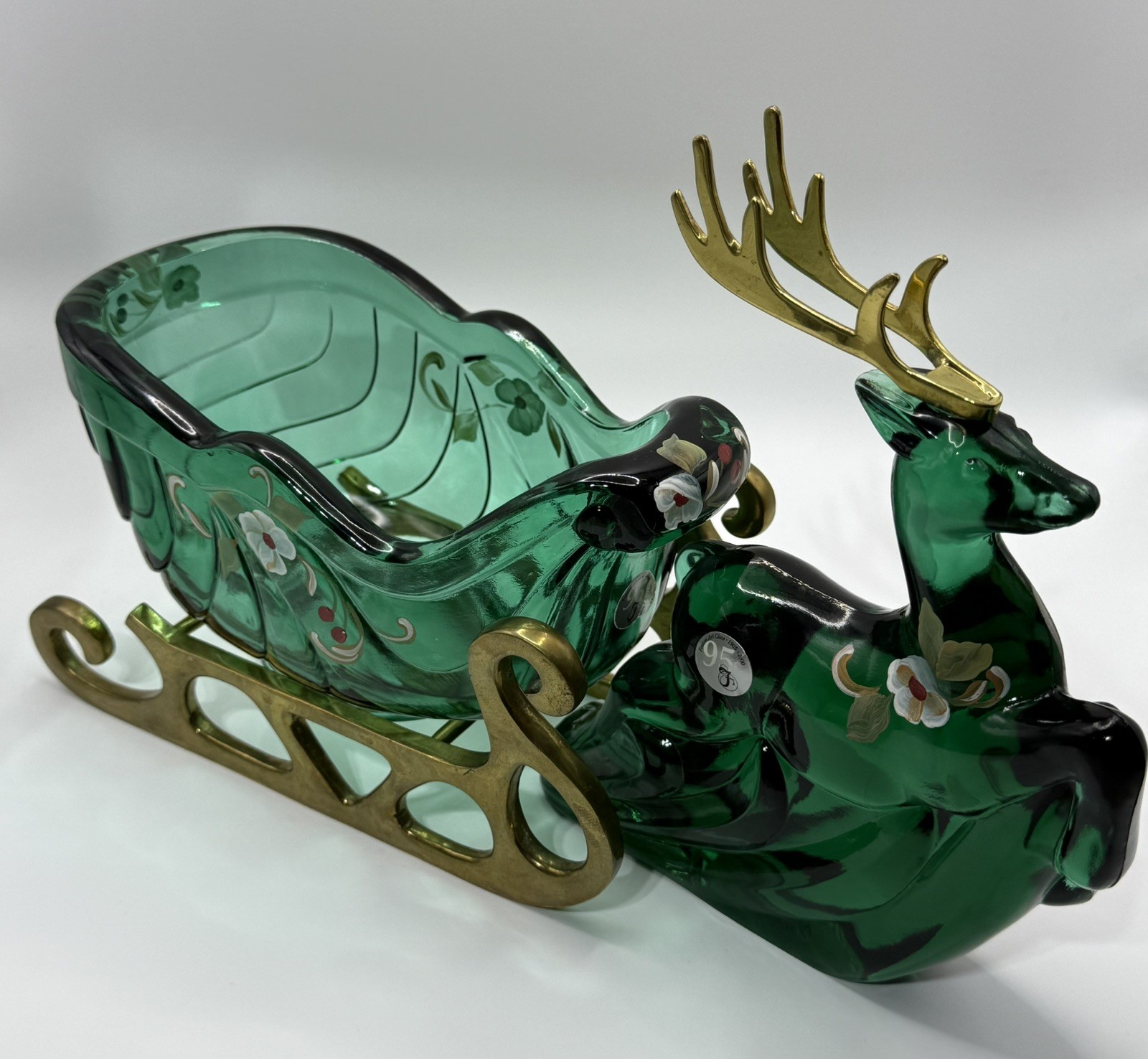 Fenton Reindeer with Original Antlers & Sleigh Christmas Figurines Spruce Green