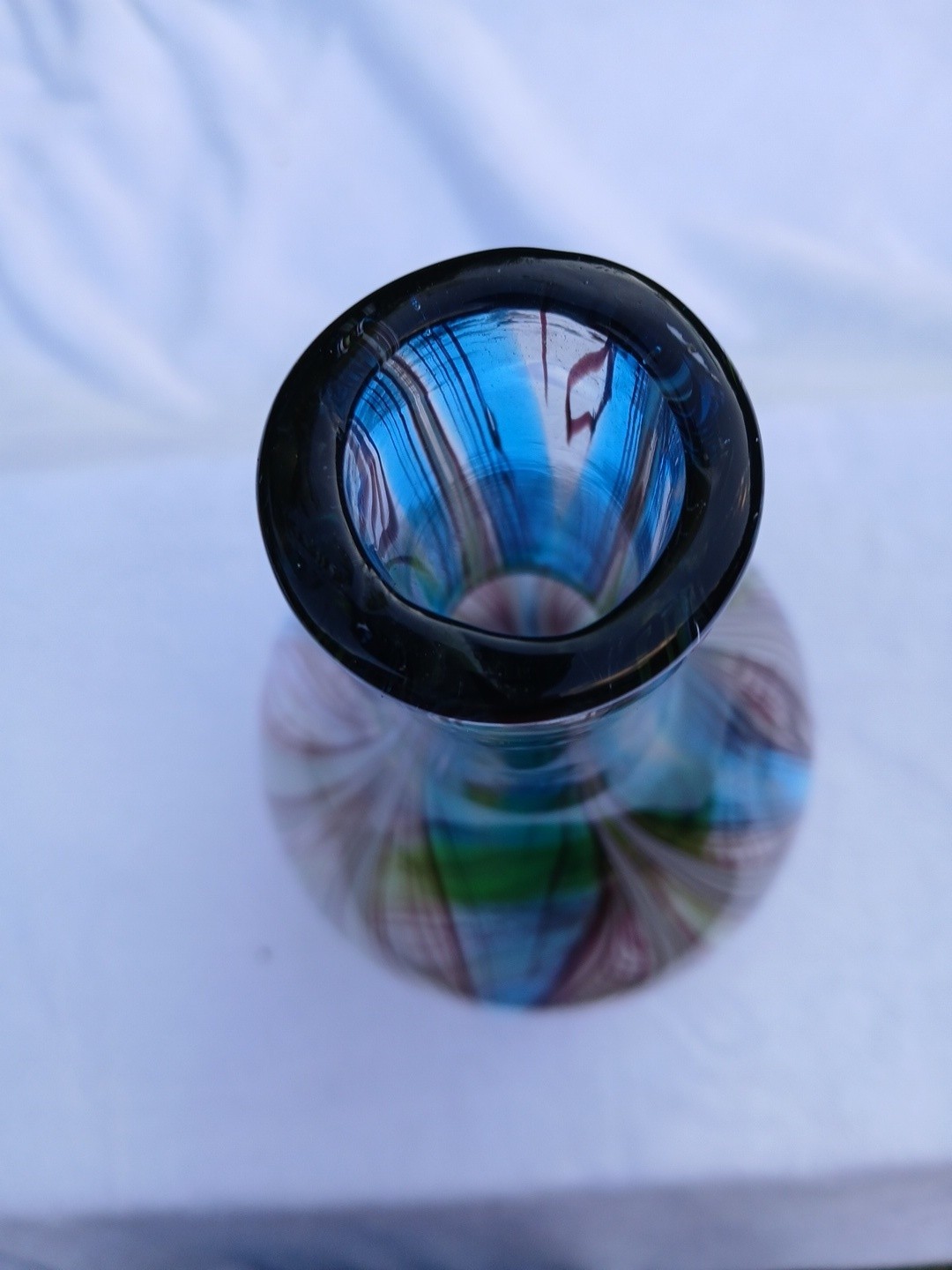 Murano style hand blown art glass vase blue purple white and green 13.5in
