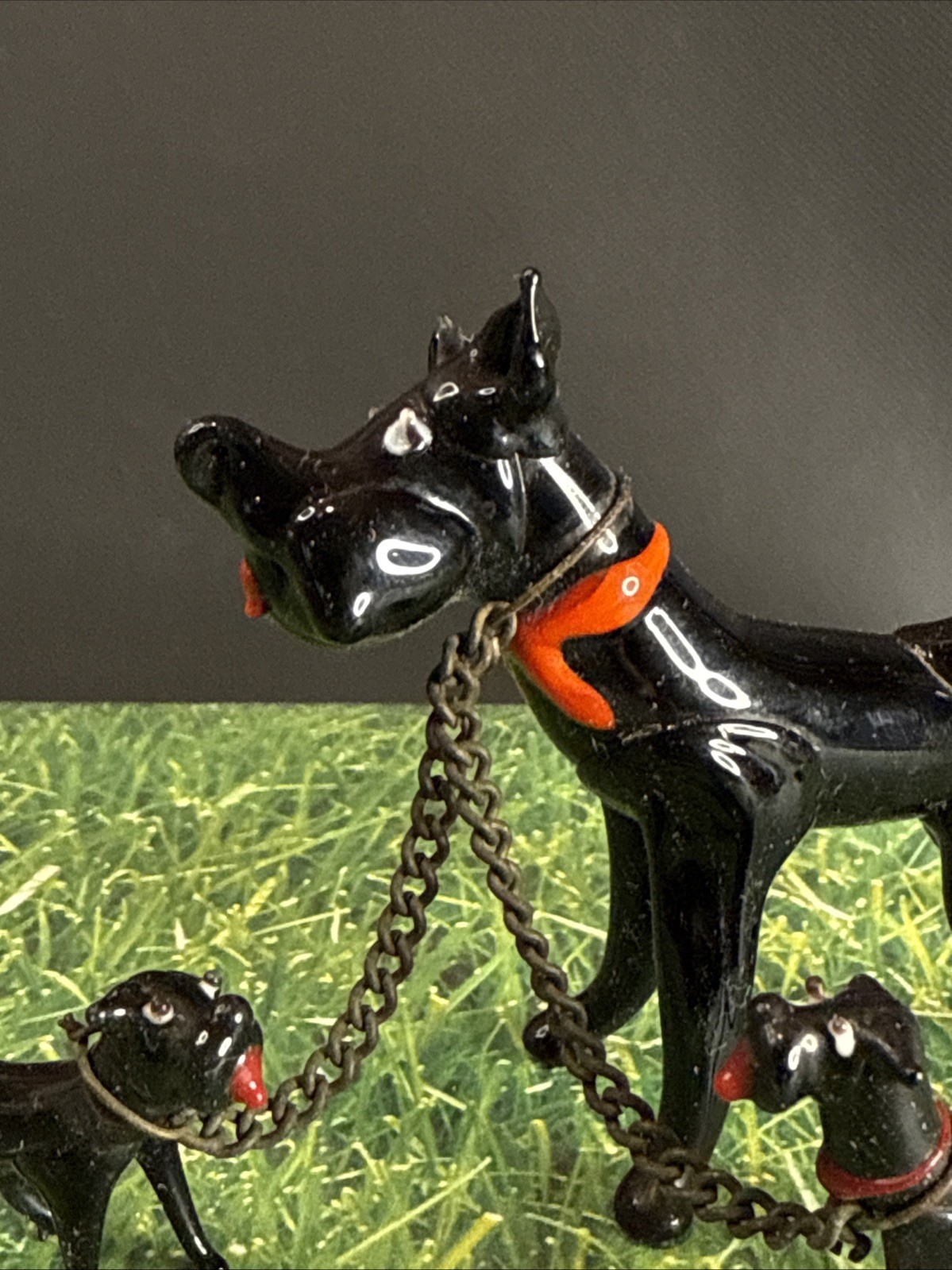 Occupied Japan HandBlown Glass Black Dog Family Of 3 Chains Puppies