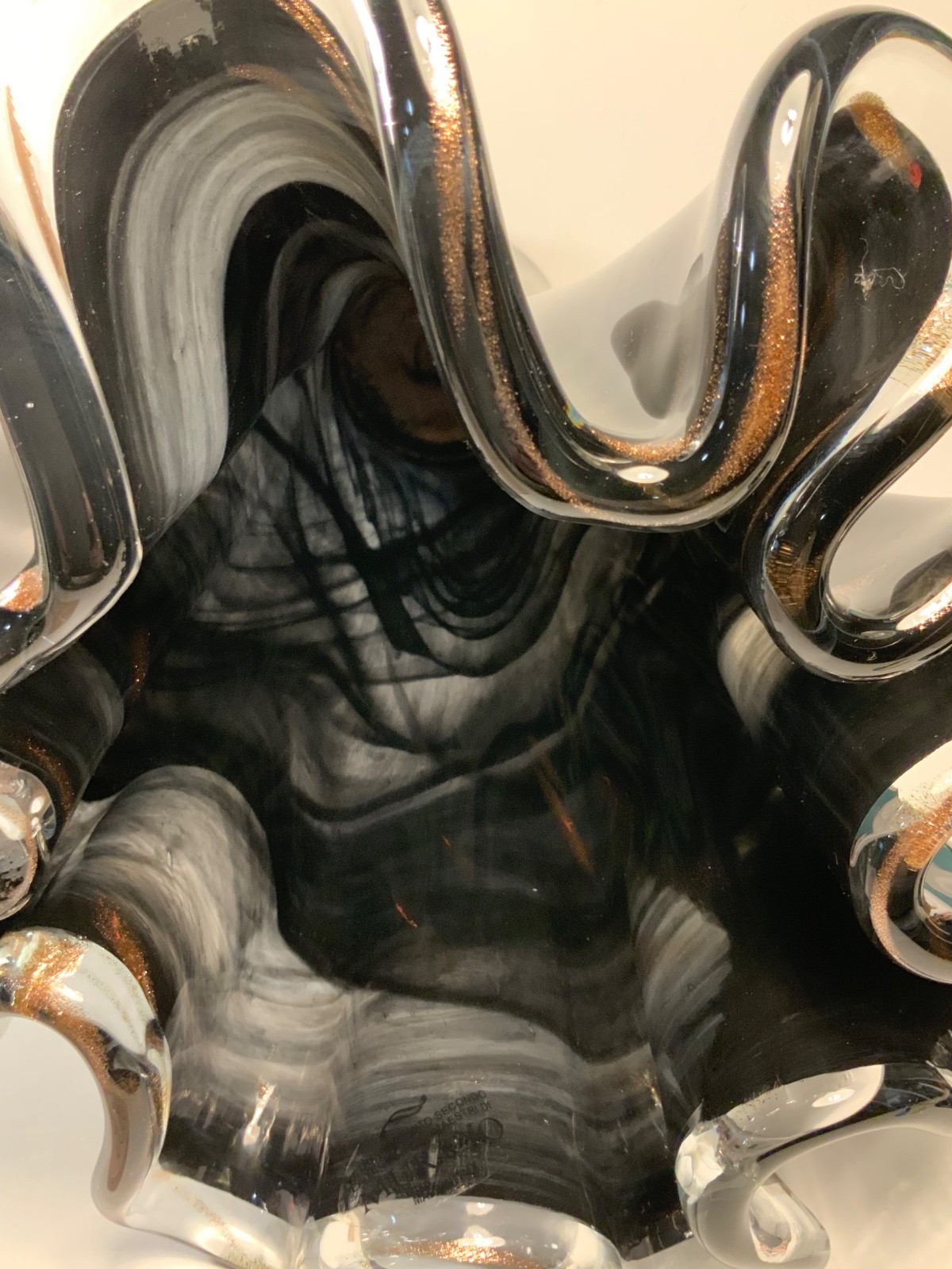 Vintage Hand Blown Black Glass Tall Ruffle Vase with Copper Specks 16.5 in.