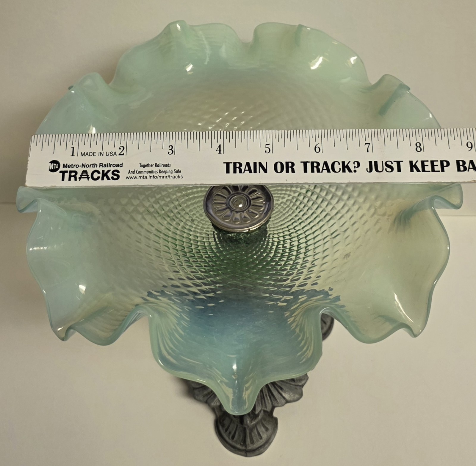 Antique Frilled Uranium Art Glass Bowl Brides Basket with Base