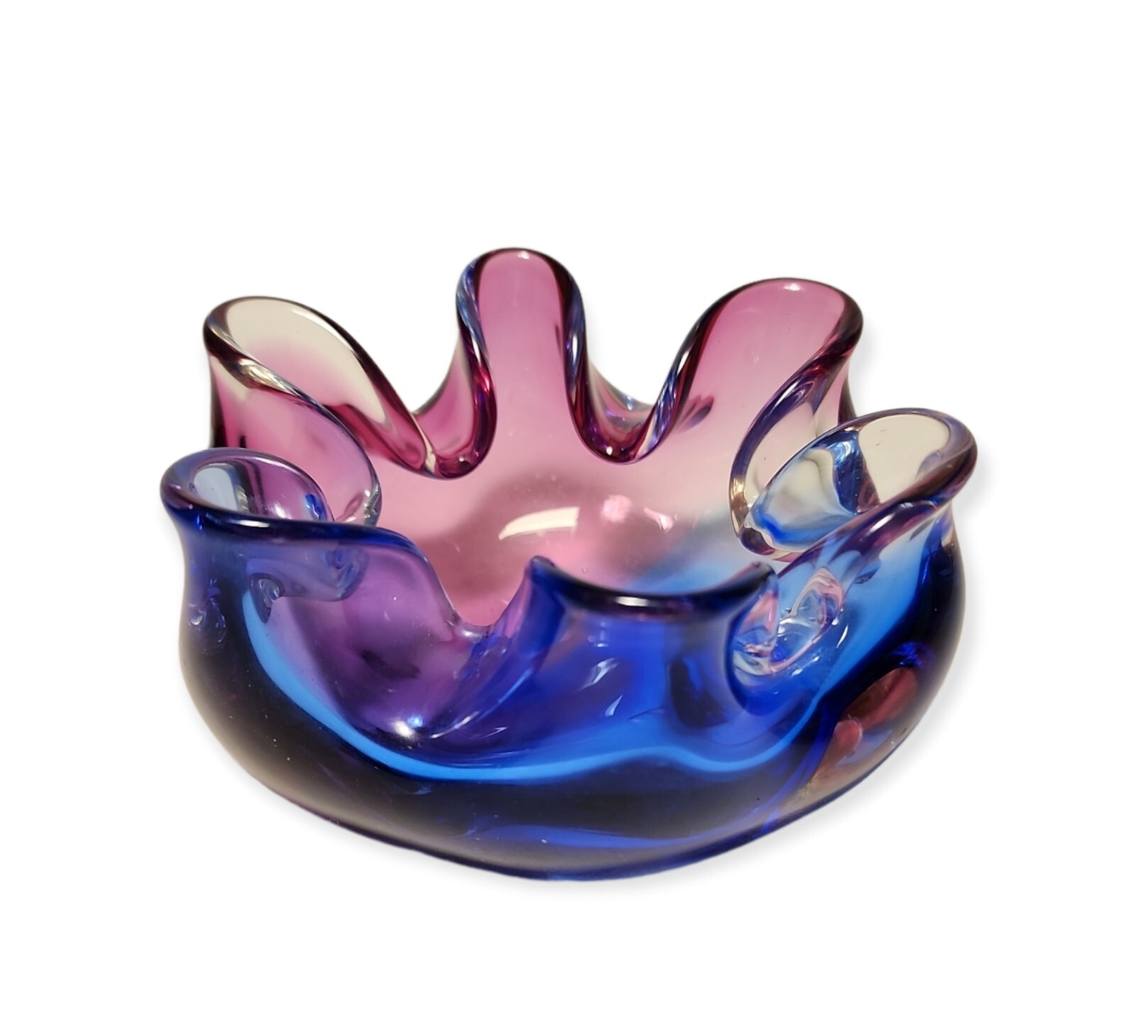 Murano Art Glass Dish Bowl Ruffled Rolled Edges Purple Blue 5″ Diameter