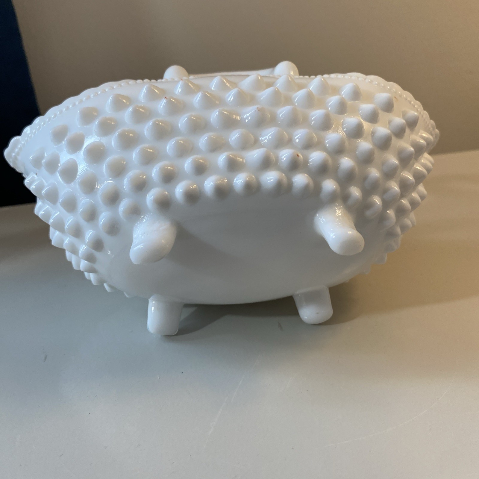 Fenton Milk Glass Hobnail Handled Basket Beaded Edge Footed