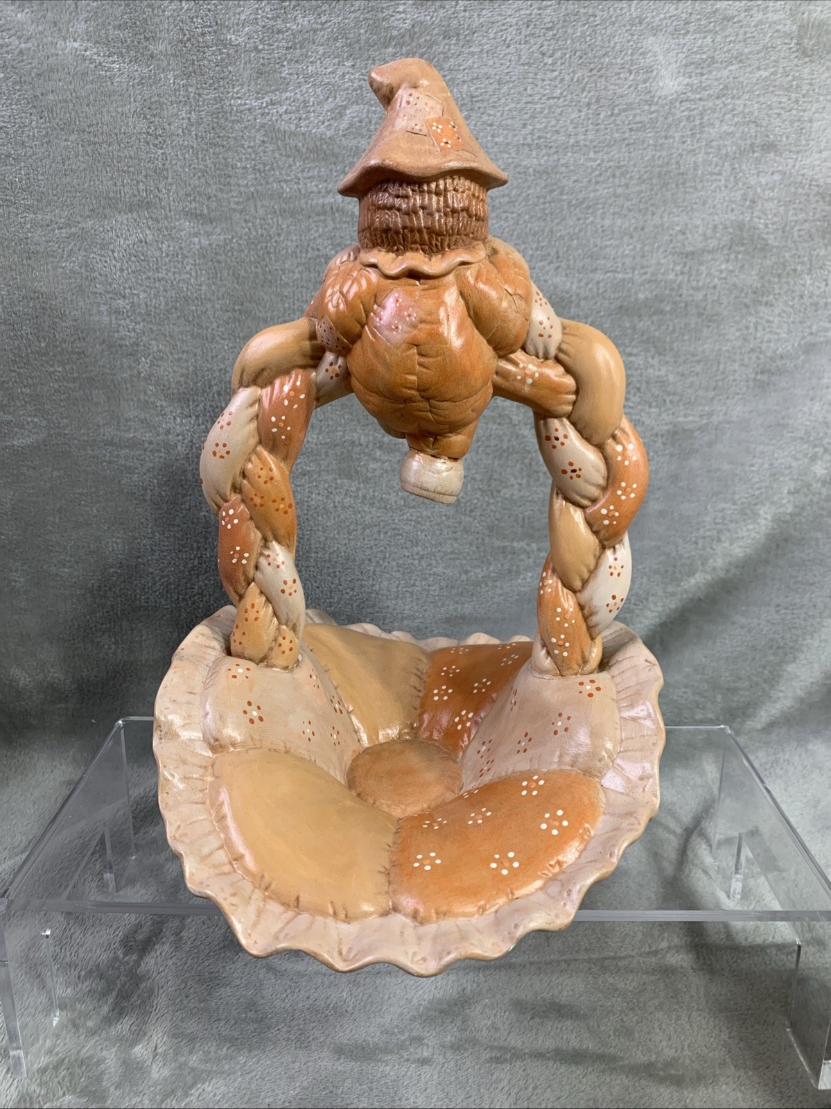 VTG Ceramic Scarecrow Patchwork Basket 1985 Brown Fall Harvest Cottagecore Decor