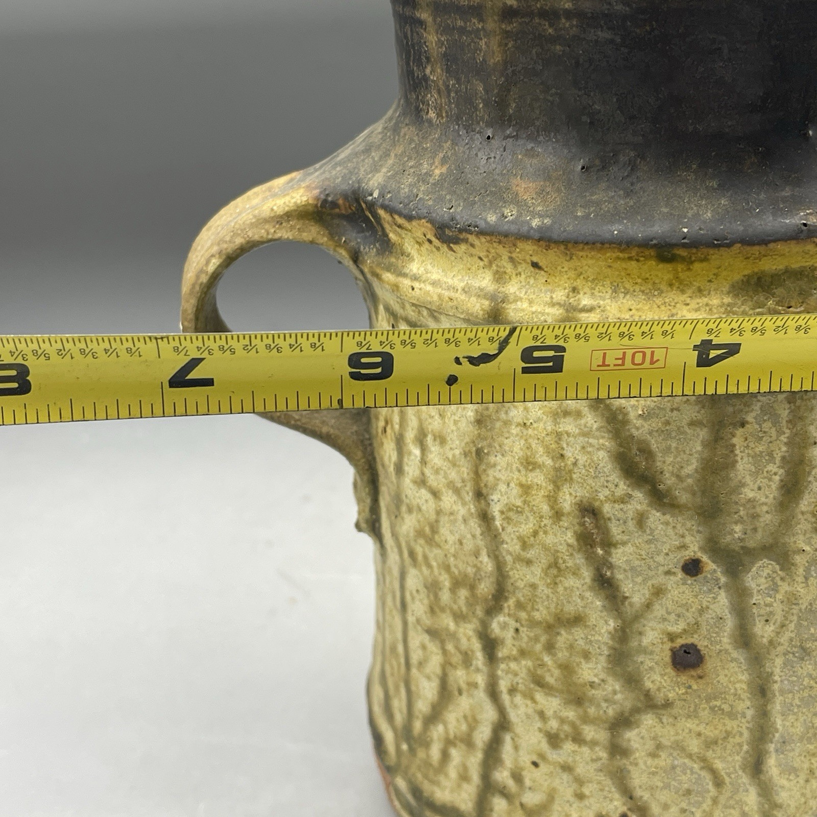 Midcentury Signed Ash Glaze Studio Pottery Vase W/ Handles 1964
